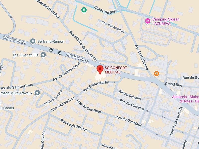 Carte centrée sur SC CONFORT MEDICAL, montrant les rues Av. de Sainte-Croix, Rte de Portel, Rue Saint-Martin, et les commerces voisins.