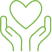 Icône stylisée de mains tenant délicatement un cœur vert, symbolisant la bienveillance, le soin, l'amour ou la philanthropie.