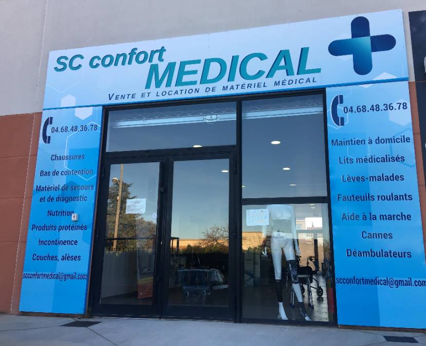 Façade de SC Confort Medical, vente et location de matériel médical. Tel : 04.68.48.36.78. Produits : chaussures, lits médicalisés, fauteuils roulants.