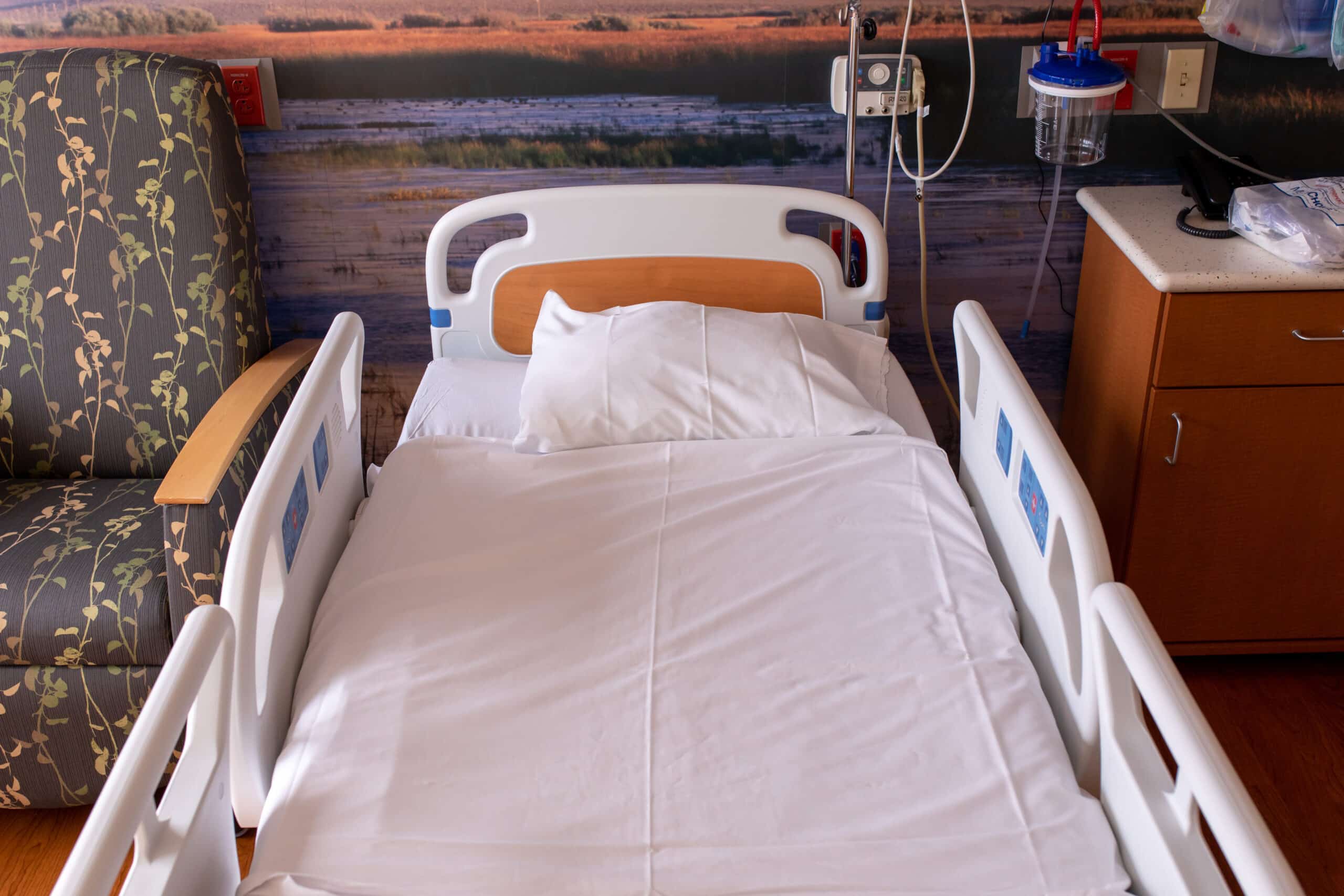 Chambre d'hôpital avec un lit blanc propre, un fauteuil à motifs floraux, et des équipements médicaux fixés au mur près d'une fresque de marais.