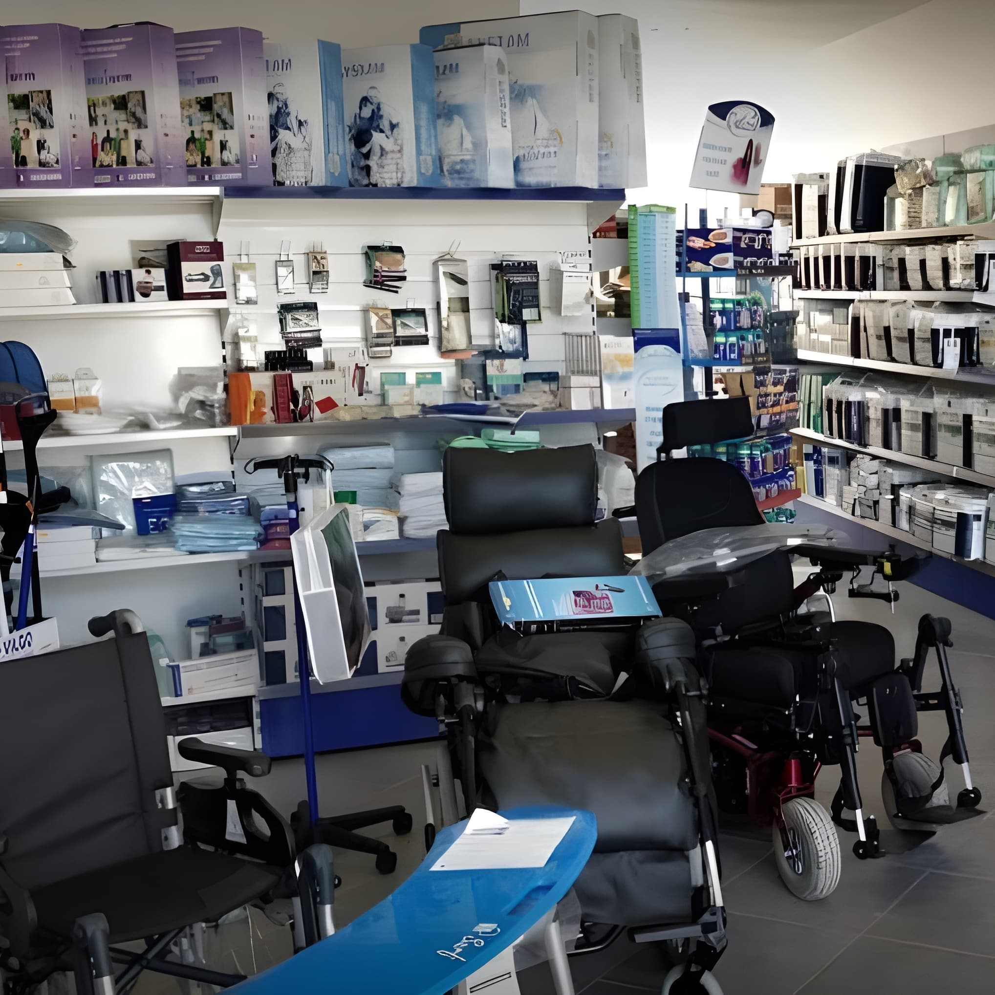 Intérieur d'un magasin d'appareils médicaux avec des fauteuils roulants et des produits orthopédiques sur des étagères, incluant un panneau bleu avec le mot "Prog".