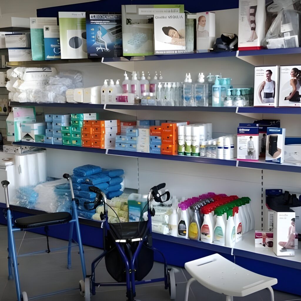 Rayons d'un magasin d'articles médicaux et de soins, présentant des bandages, des bouteilles de produits, des boîtes avec les mots "LIFEAID" et des aides à la mobilité comme un déambulateur bleu.